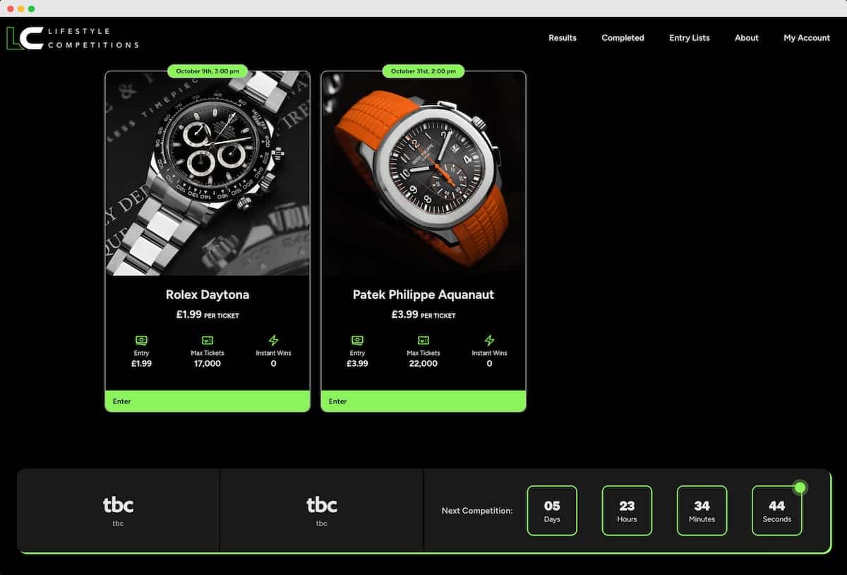 Raffle website builder dashboard showing unlimited competitions feature
